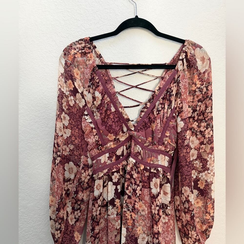 Altar'd State Billy Patchwork Maxi Dress Burgundy Floral Lace Up XS Cottagecore - Picture 4 of 7